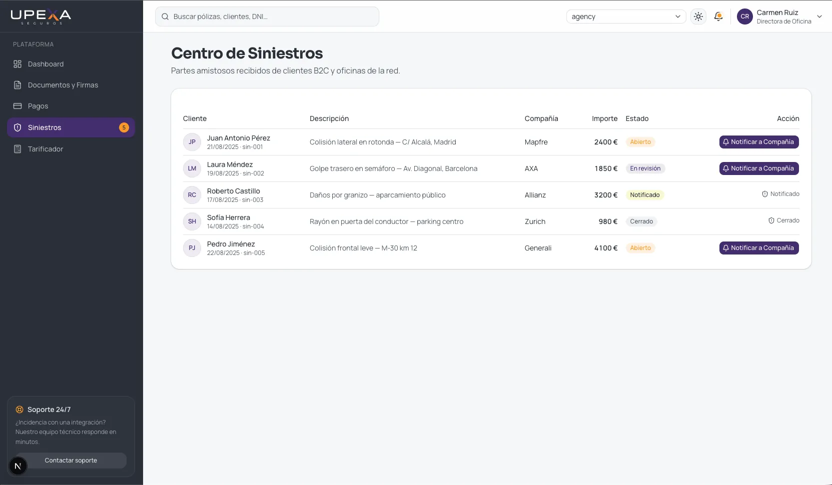 Centro de gestión de siniestros de UPEXA