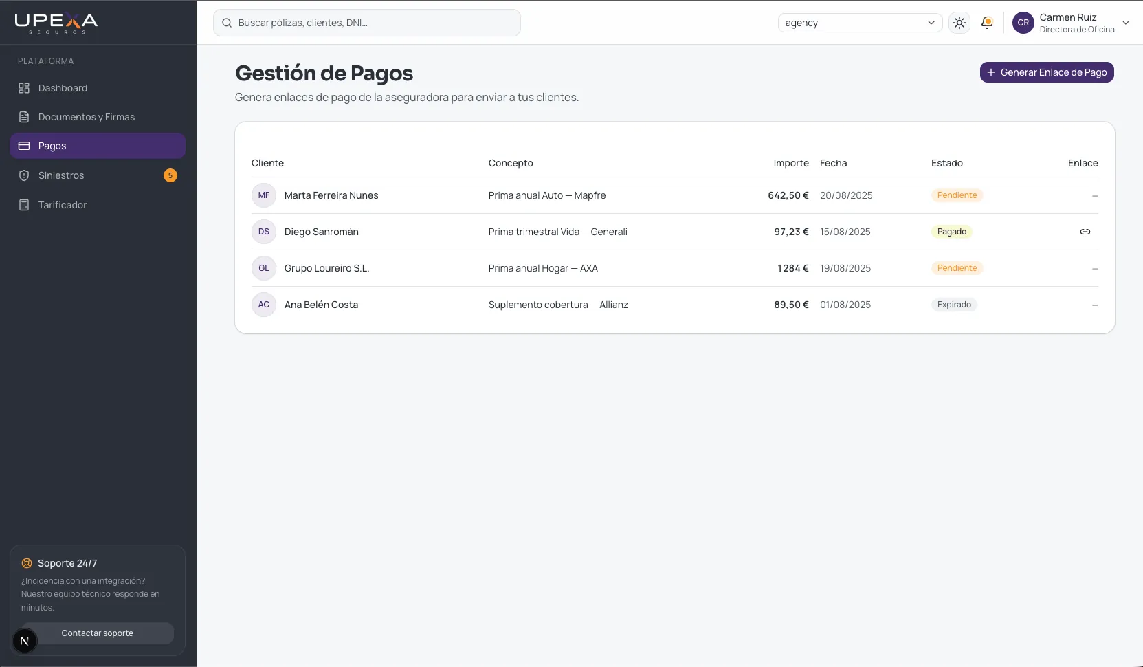 Gestión de pagos y enlaces de cobro en UPEXA